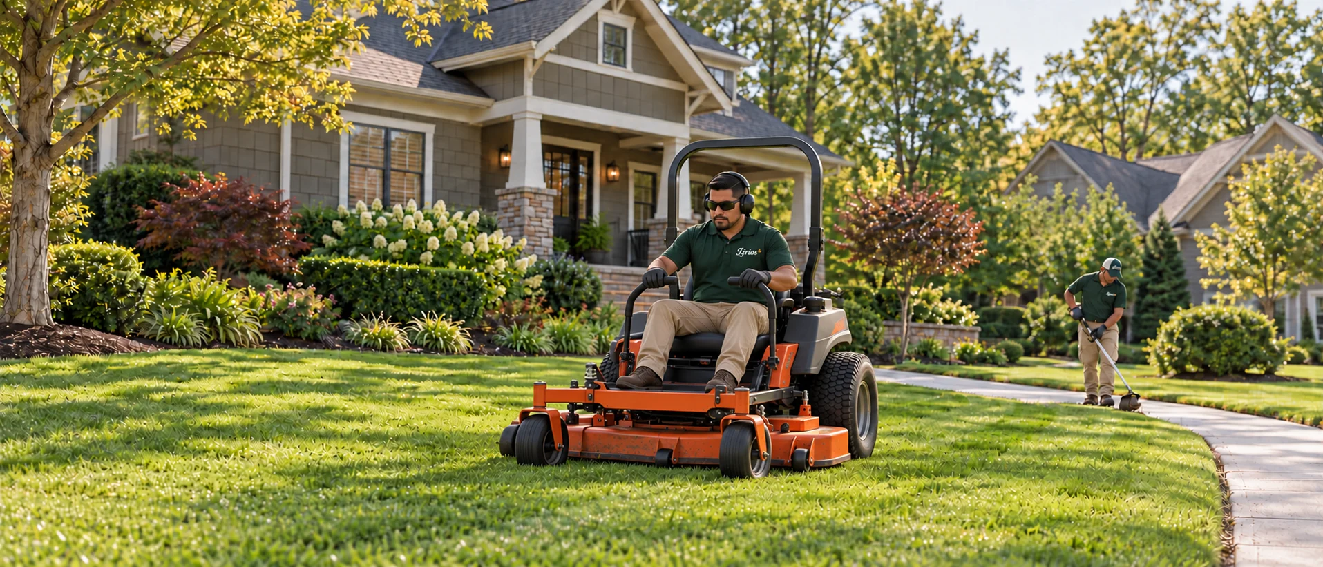 AI-generated scene of uniformed Lirios professionals using a commercial mower and edging a fictional residential lawn