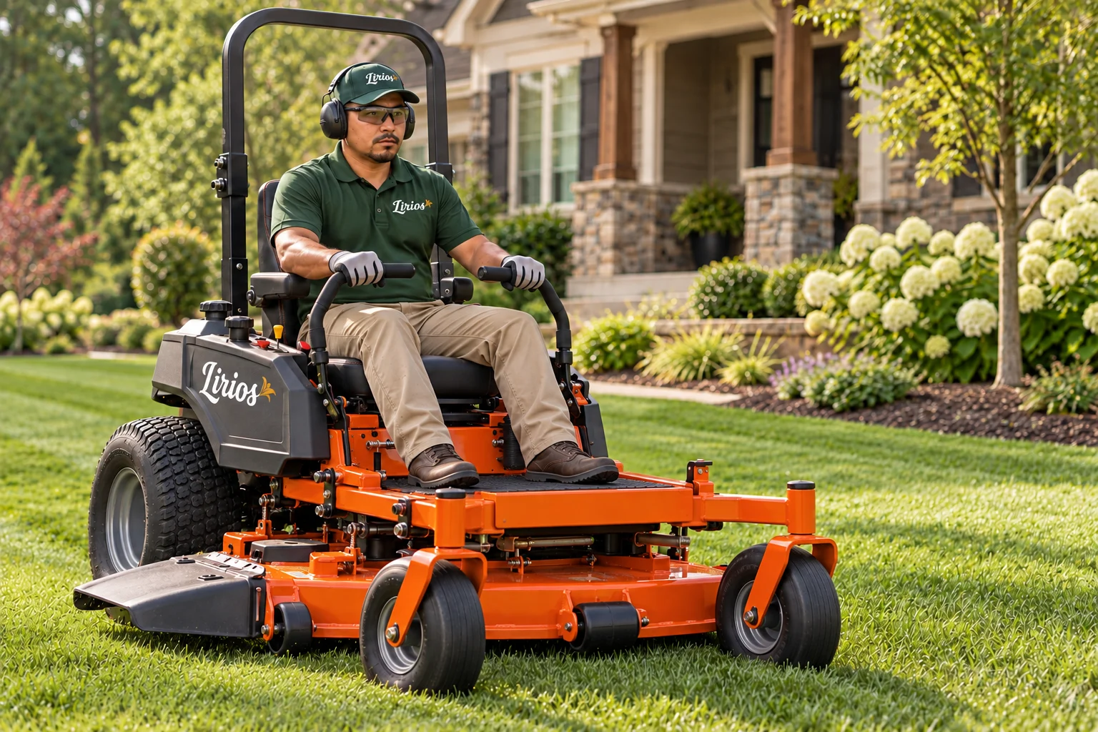 AI-generated illustration of uniformed Lirios professionals performing lawn maintenance