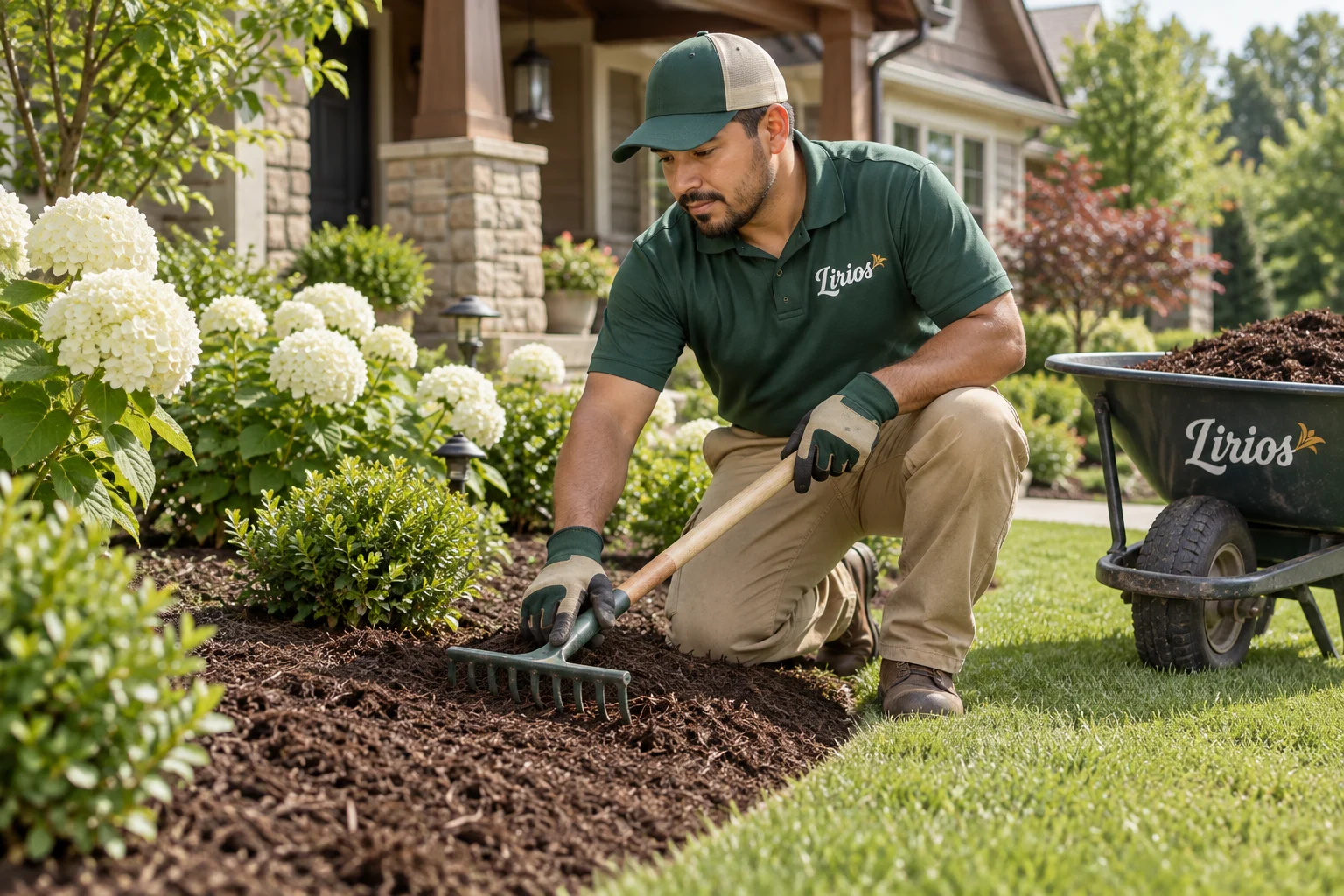 AI-generated illustration of uniformed Lirios professionals performing mulch