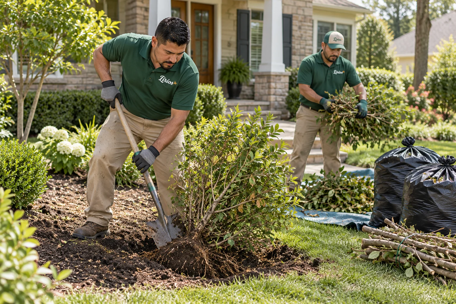 AI-generated illustration of uniformed Lirios professionals performing plant/bush removal